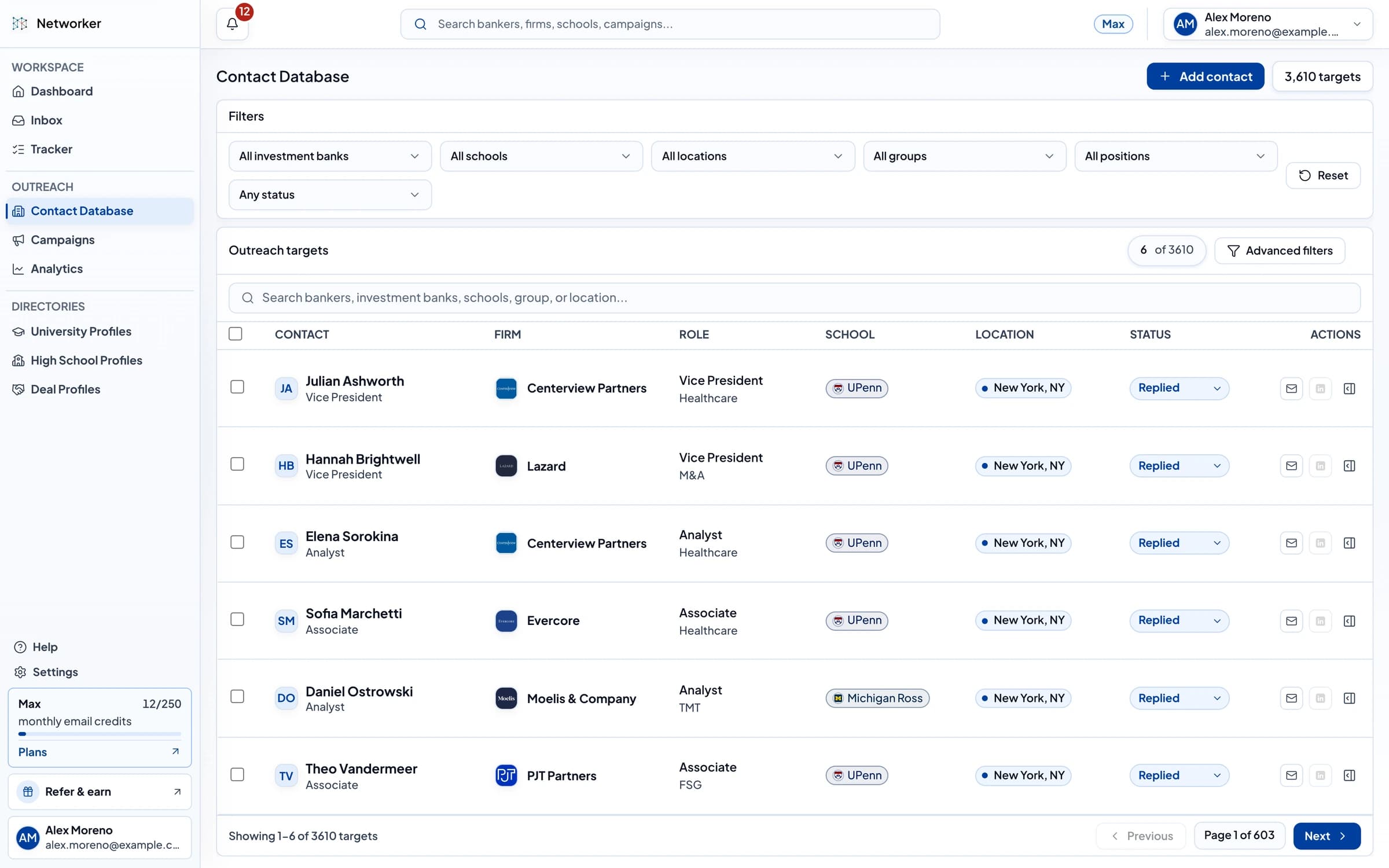 The Networker contact database, showing ranked contacts with their firm, coverage group, school, and outreach status. The tour highlights the 3,000+ ranked contacts, the filter row, and a shared school chip.